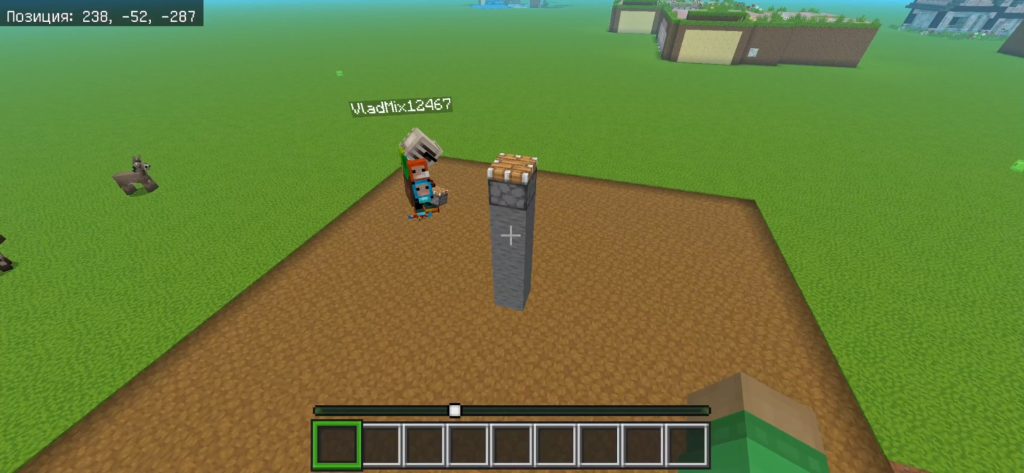 Установка поршня на каменное основание для фермы железа в Minecraft