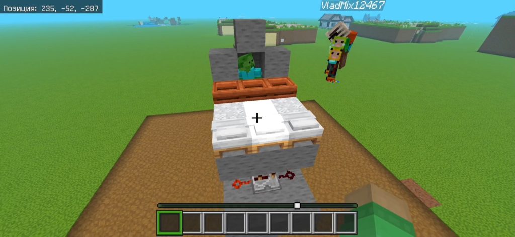 Кровати для жителей над компостерами в автоматической ферме железа Minecraft