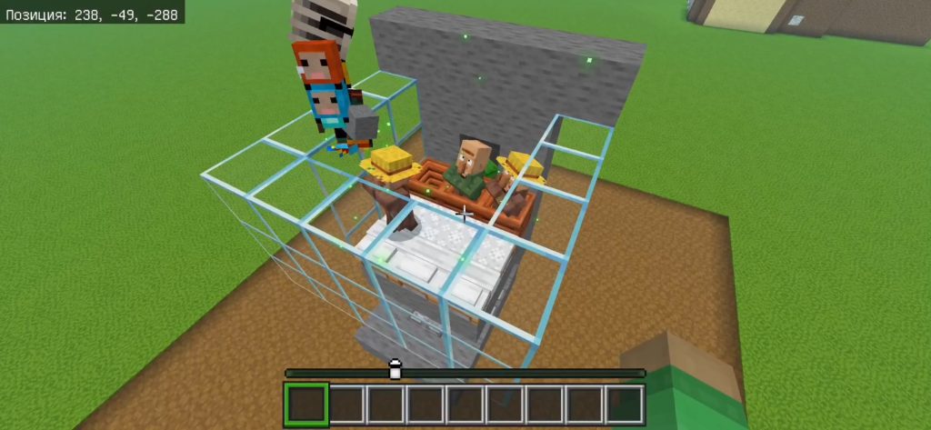 Поселение жителей в стеклянное помещение автоматической фермы железа Minecraft