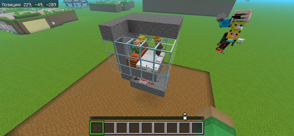 Закрытая стеклянная камера с жителями в автоматической ферме железа Minecraft